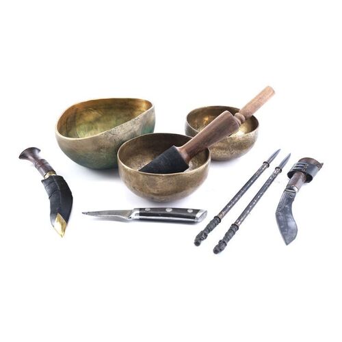 Lot #220: MARVEL'S IRON FIST (T.V. SERIES, 2017 - 2018) - Iron Fist Stunt Ceremonial Bowl, Tattoo Needles and Knives with K'un-Lun's Singing Bowl