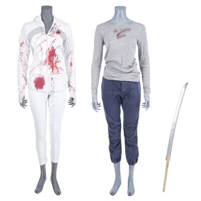 Lot #232: MARVEL'S THE DEFENDERS (T.V. SERIES, 2017) - Colleen Wing's Bloodied Bakuto Fight Costumes with Wooden Blade