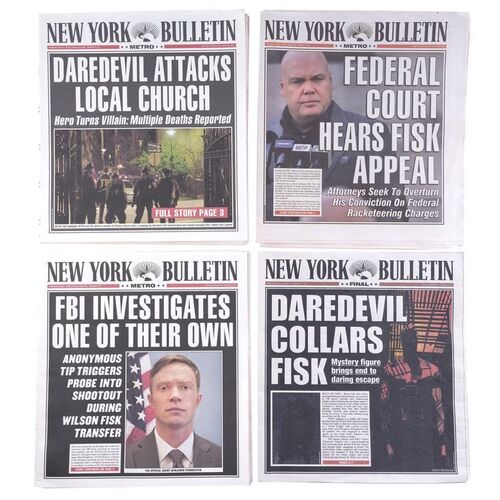 Lot #233: MARVEL'S DAREDEVIL (T.V. SERIES, 2015 - 2018) - Set of Four New York Bulletin Newspapers