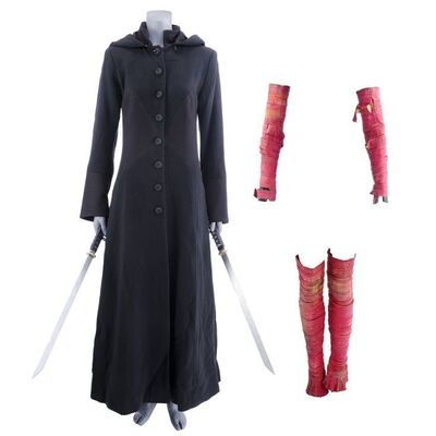 Lot #249: MARVEL'S THE DEFENDERS (T.V. SERIES, 2017) - Elektra Natchios' Stunt Defenders Coat, Arm and Leg Wraps, and Two Wakizashi