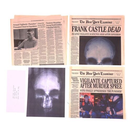 Lot #254: MARVEL - VARIOUS PRODUCTIONS (T.V. SERIES, 2015 - 2019) - Pair of New York Examiner Newspapers with Skull X-Ray Print and Envelope