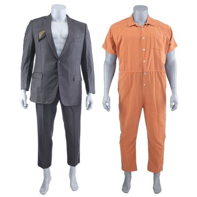 Lot #295: MARVEL'S DAREDEVIL (T.V. SERIES, 2015 - 2018) - Wilson Fisk's Battle Damaged Suit and Stunt Prisoner Transportation Jumpsuit