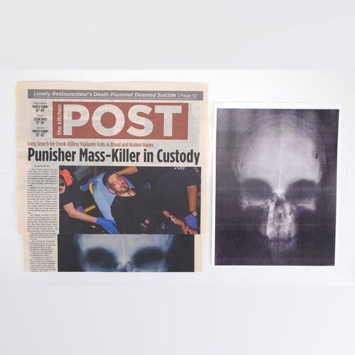 Lot #314: MARVEL'S DAREDEVIL (T.V. SERIES, 2015 - 2018) - Pair of Punisher Newspapers and Skull X-Ray Print