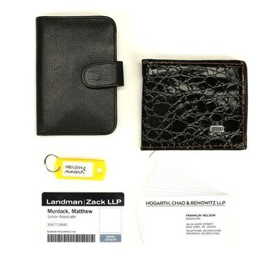 Lot #318: MARVEL'S DAREDEVIL (T.V. SERIES, 2015 - 2018) - Set of Matt Murdock&Atilde;&cent;&acirc;&sbquo;&not;&acirc;&bdquo;&cent;s, Foggy Nelson&Atilde;&cent;&acirc;&sbquo;&not;&acirc;&bdquo;&cent;s, and Karen Page&Atilde;&cent;&acirc;&sbquo;&not;&acirc;&bdquo;&cent;s Business Accessories
