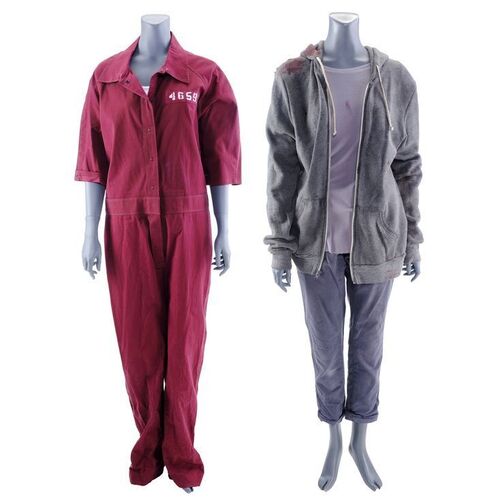 Lot #350: MARVEL'S JESSICA JONES (T.V. SERIES, 2015 - 2019) - Alisa Jones' Stunt Prison Jumpsuit and Bloodied Road Trip Costumes