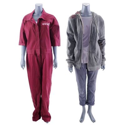 Lot #350: MARVEL'S JESSICA JONES (T.V. SERIES, 2015 - 2019) - Alisa Jones' Stunt Prison Jumpsuit and Bloodied Road Trip Costumes