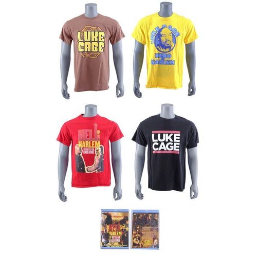 Lot #368: MARVEL'S LUKE CAGE (T.V. SERIES, 2016 - 2018) - Set of Four of Luke Cage Shirts with Two DVD Cases