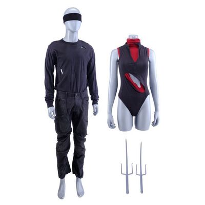 Lot #384: MARVEL'S DAREDEVIL (T.V. SERIES, 2015 - 2018) - Daredevil's Slashed Vigilante Costume with Elektra Natchios' Slashed Tunic and Prototype Sais