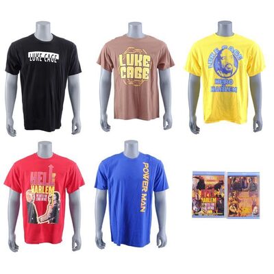Lot #391: MARVEL'S LUKE CAGE (T.V. SERIES, 2016 - 2018) - Collection of Five Luke Cage Shirts with Two DVD Cases
