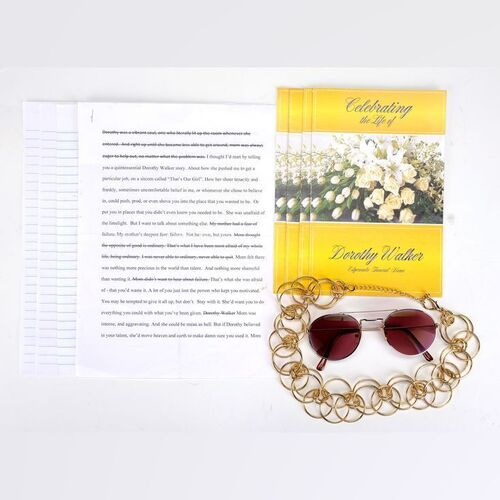 Lot #395: MARVEL'S JESSICA JONES (T.V. SERIES, 2015 - 2019) - Dorothy Walker's Handwritten Eulogy Copies, Pamphlets, Necklace, with Trish Walker's Sunglasses
