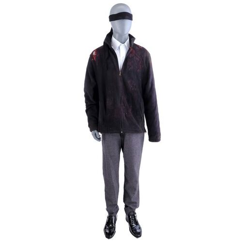 Lot #396: MARVEL'S DAREDEVIL (T.V. SERIES, 2015 - 2018) - Daredevil Bloodied New York Bulletin Fight Costume and Prototype Mask