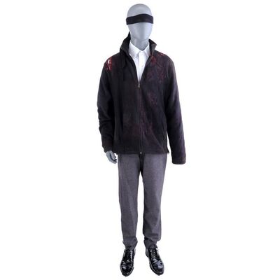 Lot #396: MARVEL'S DAREDEVIL (T.V. SERIES, 2015 - 2018) - Daredevil Bloodied New York Bulletin Fight Costume and Prototype Mask