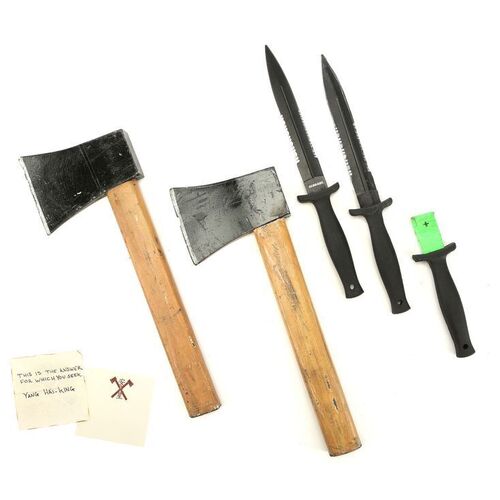 Lot #400: MARVEL'S IRON FIST (T.V. SERIES, 2017 - 2018) - Pair of Yangsi Gonshi Stunt Hatchets, Harness, Backup Hai-Qing Yang Note, and Ho's Men's Knives with Stab Rig