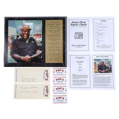 Lot #404: MARVEL'S LUKE CAGE (T.V. SERIES, 2016 - 2018) - Henry "Pop" Hunter's Memorial Plaque and Set of Funeral Programs, Stationary, and Business Cards