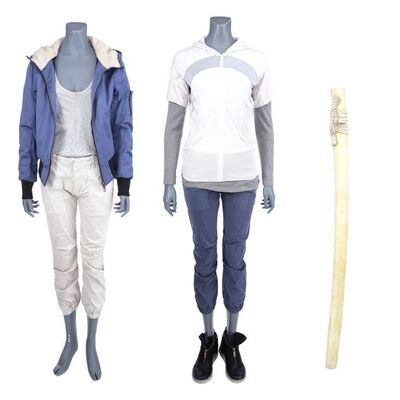 Lot #413: MARVEL'S THE DEFENDERS (T.V. SERIES, 2017) - Colleen Wing's Defenders Costume and Blue Jacket Costume with Stunt Sheath