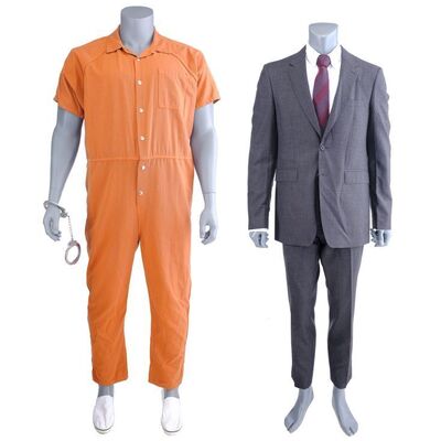 Lot #417: MARVEL'S DAREDEVIL (T.V. SERIES, 2015 - 2018) - Matt Murdock's Prison Riot Costume with Alternate Tie and Stunt Wilson Fisk Prison Jumpsuit