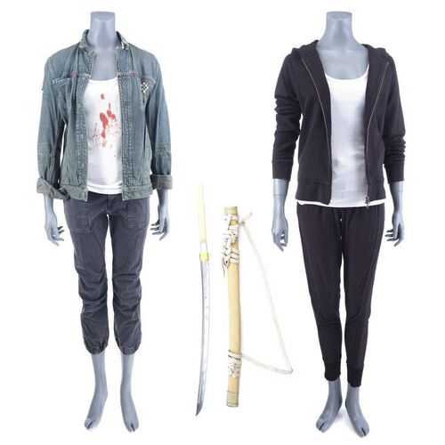 Lot #423: MARVEL'S IRON FIST (T.V. SERIES, 2017 - 2018) - Colleen Wing's Bloodied Betrayal Costume and Skills Costume with Wooden Blade and Sheath