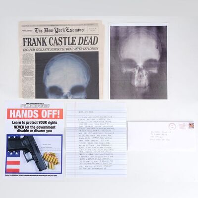 Lot #424: MARVEL - VARIOUS PRODUCTIONS (T.V. SERIES, 2015 - 2019) - "Frank Castle Dead" Newspaper, Skull X-Ray Print, Flyer, and Letter