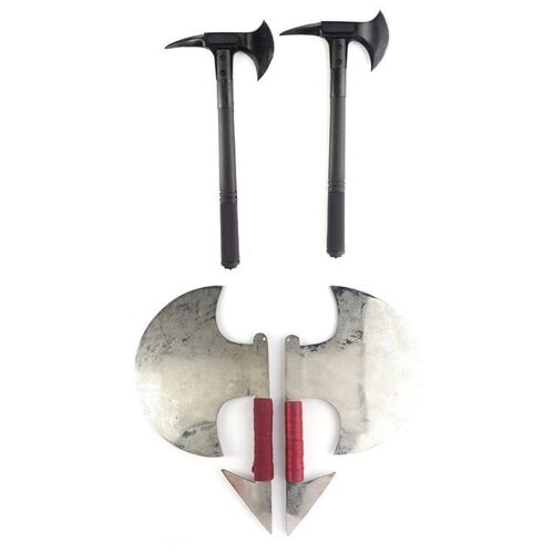 Lot #448: MARVEL'S IRON FIST (T.V. SERIES, 2017 - 2018) - Pair of The Hand Metal Hatchets with Pair of Hatchet Men's Stunt Hatchets