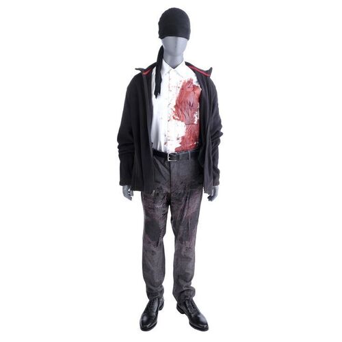 Lot #451: MARVEL'S DAREDEVIL (T.V. SERIES, 2015 - 2018) - Daredevil Bloodied New York Bulletin Fight Costume and Prototype Mask