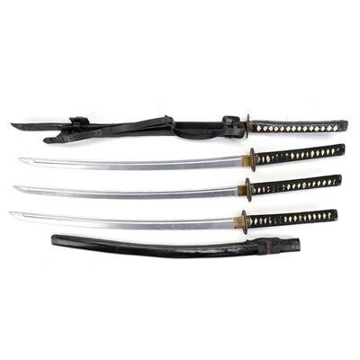 Lot #470: MARVEL'S DAREDEVIL (T.V. SERIES, 2015 - 2018) - Set of Three Wood Stunt Katanas and One Katana with Sheath
