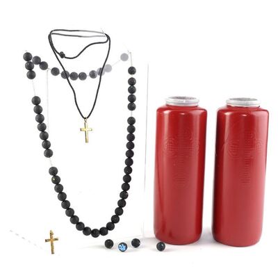 Lot #490: MARVEL'S DAREDEVIL (T.V. SERIES, 2015 - 2018) - Sister Maggie's Crucifixes with Benjamin "Dex" Poindexter's Stunt Rosary Bead Necklace and Stunt Candles