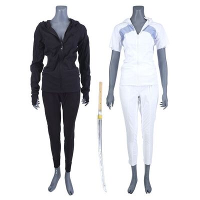 Lot #496: MARVEL'S IRON FIST (T.V. SERIES, 2017 - 2018) - Colleen Wing's Battle Damaged Costume with Red Hook Pier Costume and Wooden Blade