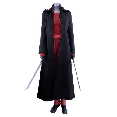 Lot #497: MARVEL'S THE DEFENDERS (T.V. SERIES, 2017) - Elektra Natchios' Stunt Defenders Costume with Black Sky Coat and Stunt Wakizashi