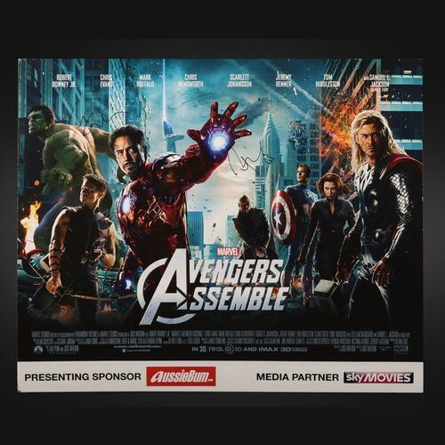 Lot #34 - AVENGERS ASSEMBLE (2012) - Robert Downey Jr., Mark Ruffalo, Chris Hemsworth, Jeremy Renner and Clark Gregg Autographed Premiere Board, 2012