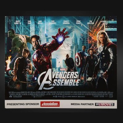 Lot #34 - AVENGERS ASSEMBLE (2012) - Robert Downey Jr., Mark Ruffalo, Chris Hemsworth, Jeremy Renner and Clark Gregg Autographed Premiere Board, 2012