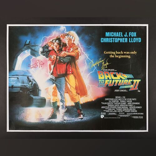 Lot #39 - BACK TO THE FUTURE PART II (1989) - Michael J. Fox and Christopher Lloyd Autographed UK Quad, 1989