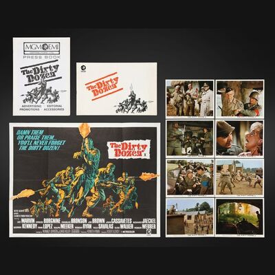 Lot #99 - DIRTY DOZEN, THE (1967) - UK Quad, Complete Set of Eight Front of House Cards, Press and Exhibitors' Brochures, 1967