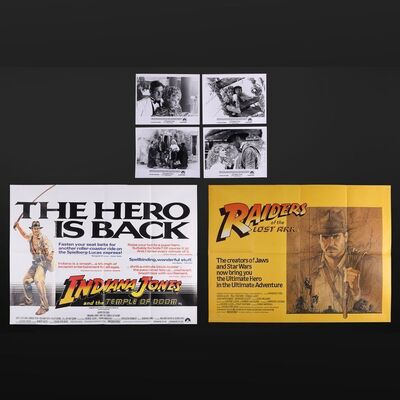 Lot #168 - INDIANA JONES TRILOGY (1981 - 1989) - Two UK Quads and Four Production Stills, 1981 and 1984