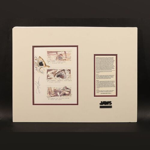 Lot #254 - JAWS (1975) - Framed and Mounted Printed Storyboard with Hand-drawn Shark Doodle and Photograph