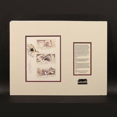 Lot #254 - JAWS (1975) - Framed and Mounted Printed Storyboard with Hand-drawn Shark Doodle and Photograph