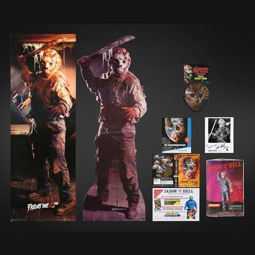 Lot #285 - JASON GOES TO HELL: THE FINAL FRIDAY (1993) - Mario Kirner Collection: Large Standee, Kane Hodder Autographed Photo, Video and Promo Material