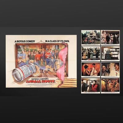 Lot #294 - NATIONAL LAMPOON'S ANIMAL HOUSE (1978) - UK Quad and Complete Set of Eight British Front of House Lobby Cards, 1978