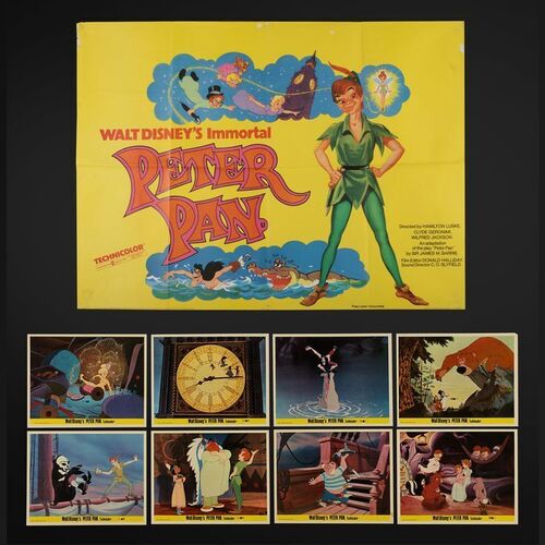 Lot #320 - PETER PAN (1953) - UK Quad and Complete Set of Eight British Front of House Cards, 1970s