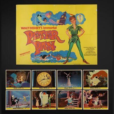 Lot #320 - PETER PAN (1953) - UK Quad and Complete Set of Eight British Front of House Cards, 1970s