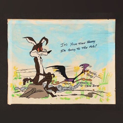 Lot #336 - THE ROAD RUNNER SHOW (T.V. SERIES, 1966-1973) - Road Runner and Wile E. Coyote Publicity Cel - Autographed and Inscribed Animation Cel by Chuck Jones
