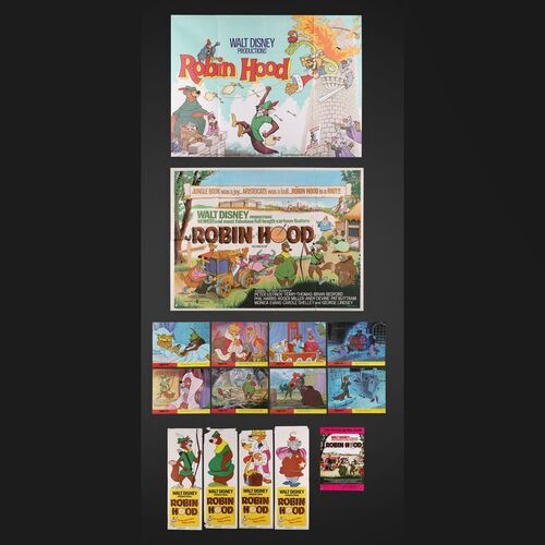 Lot #337 - ROBIN HOOD (1973) - Two UK Quads, Four Character Door Panels, Complete Set of Eight British Front of House Cards and Press Campaign Book, 1973