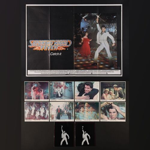 Lot #342 - SATURDAY NIGHT FEVER (1977) - UK Quad, Complete Set of Eight British Front of House Cards and Two Photographs, 1977