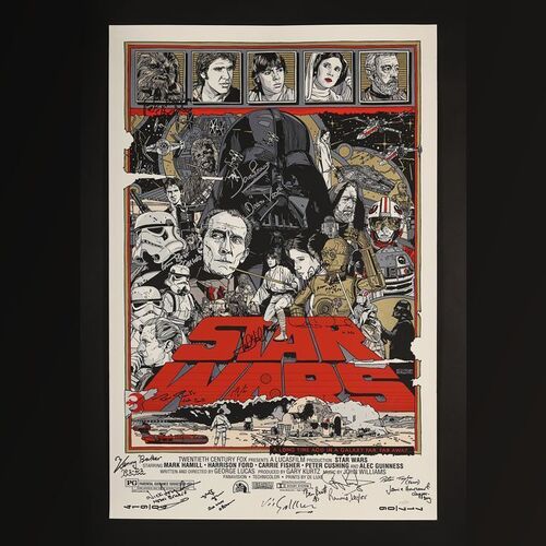 Lot #359 - STAR WARS: A NEW HOPE (1977) - Limited Edition Tyler Stout Mondo Print Autographed by Carrie Fisher, Mark Hamill, Dave Prowse, Gary Kurtz and Others, 2010