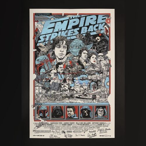 Lot #378 - STAR WARS: THE EMPIRE STRIKES BACK (1980) - Limited Edition Tyler Stout Mondo Print Autographed by Carrie Fisher, Mark Hamill, Dave Prowse, Gary Kurtz and Others, 2010