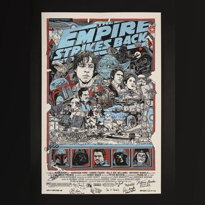 Lot #378 - STAR WARS: THE EMPIRE STRIKES BACK (1980) - Limited Edition Tyler Stout Mondo Print Autographed by Carrie Fisher, Mark Hamill, Dave Prowse, Gary Kurtz and Others, 2010