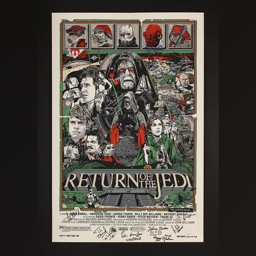Lot #395 - STAR WARS: RETURN OF THE JEDI (1983) - Limited Edition Tyler Stout Mondo Print Autographed by Carrie Fisher, Mark Hamill, Dave Prowse, Peter Mayhew and Others, 2010
