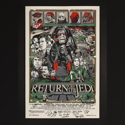 Lot #395 - STAR WARS: RETURN OF THE JEDI (1983) - Limited Edition Tyler Stout Mondo Print Autographed by Carrie Fisher, Mark Hamill, Dave Prowse, Peter Mayhew and Others, 2010