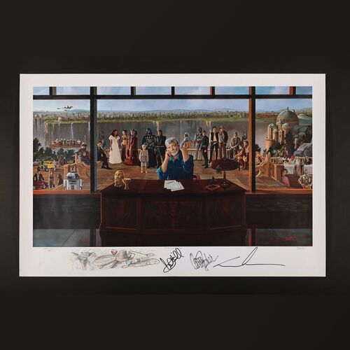 Lot #408 - STAR WARS: THE FORCE OF INSPIRATION (2011) - George Lucas, Carrie Fisher and Mark Hamill Autographed Suchiu Limited Edition Fine Art Print, 2011