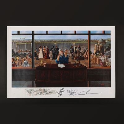 Lot #408 - STAR WARS: THE FORCE OF INSPIRATION (2011) - George Lucas, Carrie Fisher and Mark Hamill Autographed Suchiu Limited Edition Fine Art Print, 2011