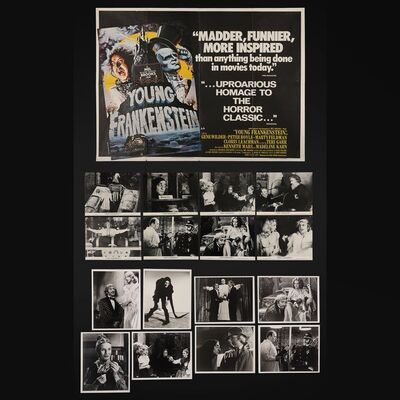 Lot #457 - YOUNG FRANKENSTEIN (1974) - UK Quad, Complete Set of Eight British Front of House Cards and Eight Stills, 1975, 1974